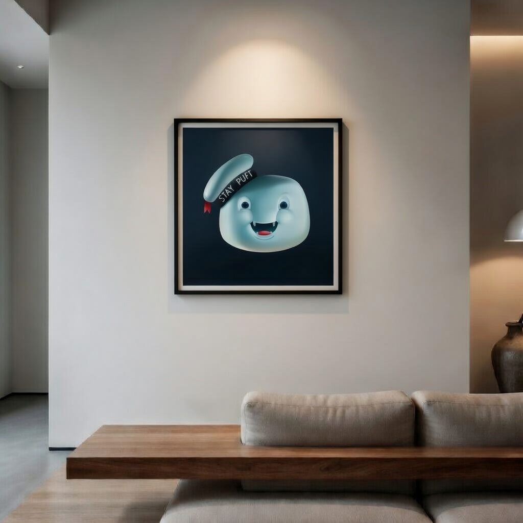 Framed artwork of a cartoon character on a wall in a modern living room.