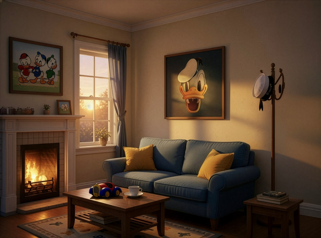 Cozy living room with a fireplace, sofa, and decorative items.
