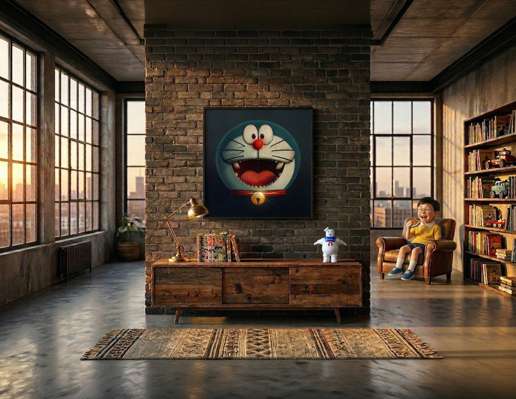 Modern living room with a child sitting on an armchair, a large screen displaying an animated character, and bookshelves.