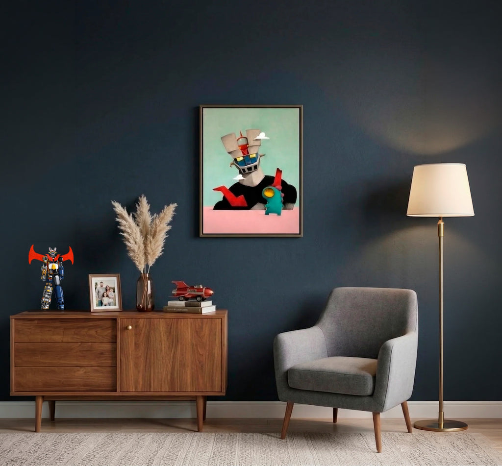 Modern living room with a wooden sideboard, gray armchair, and framed artwork on a dark blue wall.