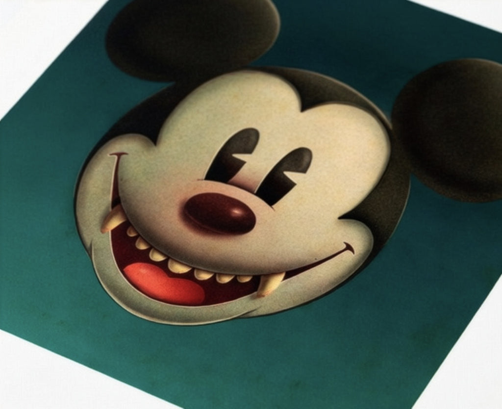Close-up of a cartoon character's face with a teal background