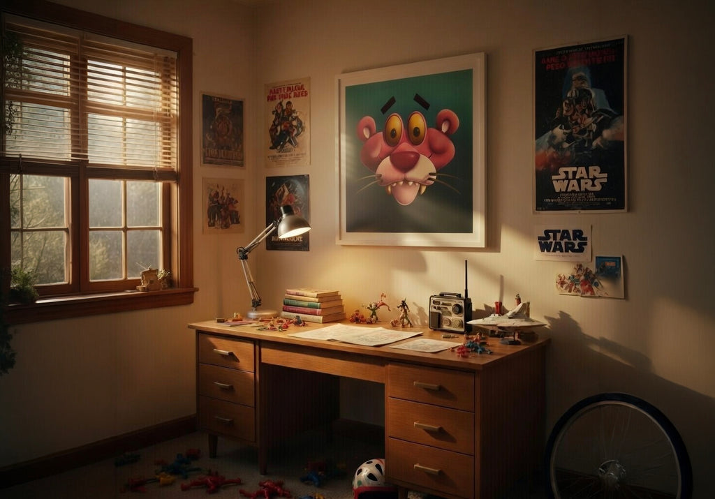 Nostalgic home office with desk, posters, and window